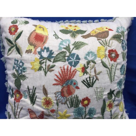 Pier One Imports Embroidered Floral Birds Throw Pillow 14 x 14 - Picture 4 of 12
